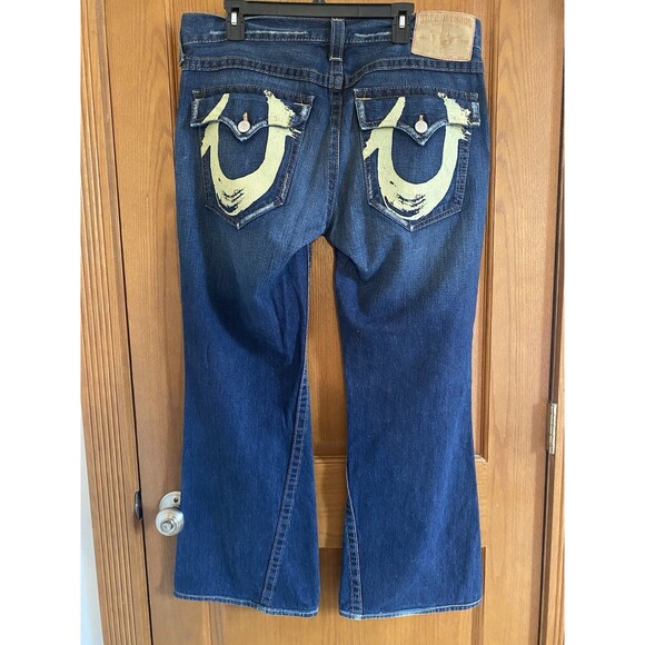 True Religion Men Denim Jeans 36 Bootcut/Flare Twisted Seams Green/Yellow Paint - Picture 1 of 13